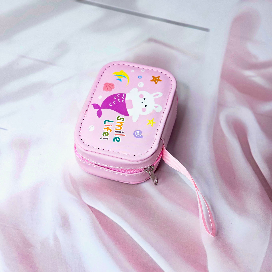 Assorted cute cartoon small storage coin pouches for kids in pink and purple with animal characters. www.usmile.toys